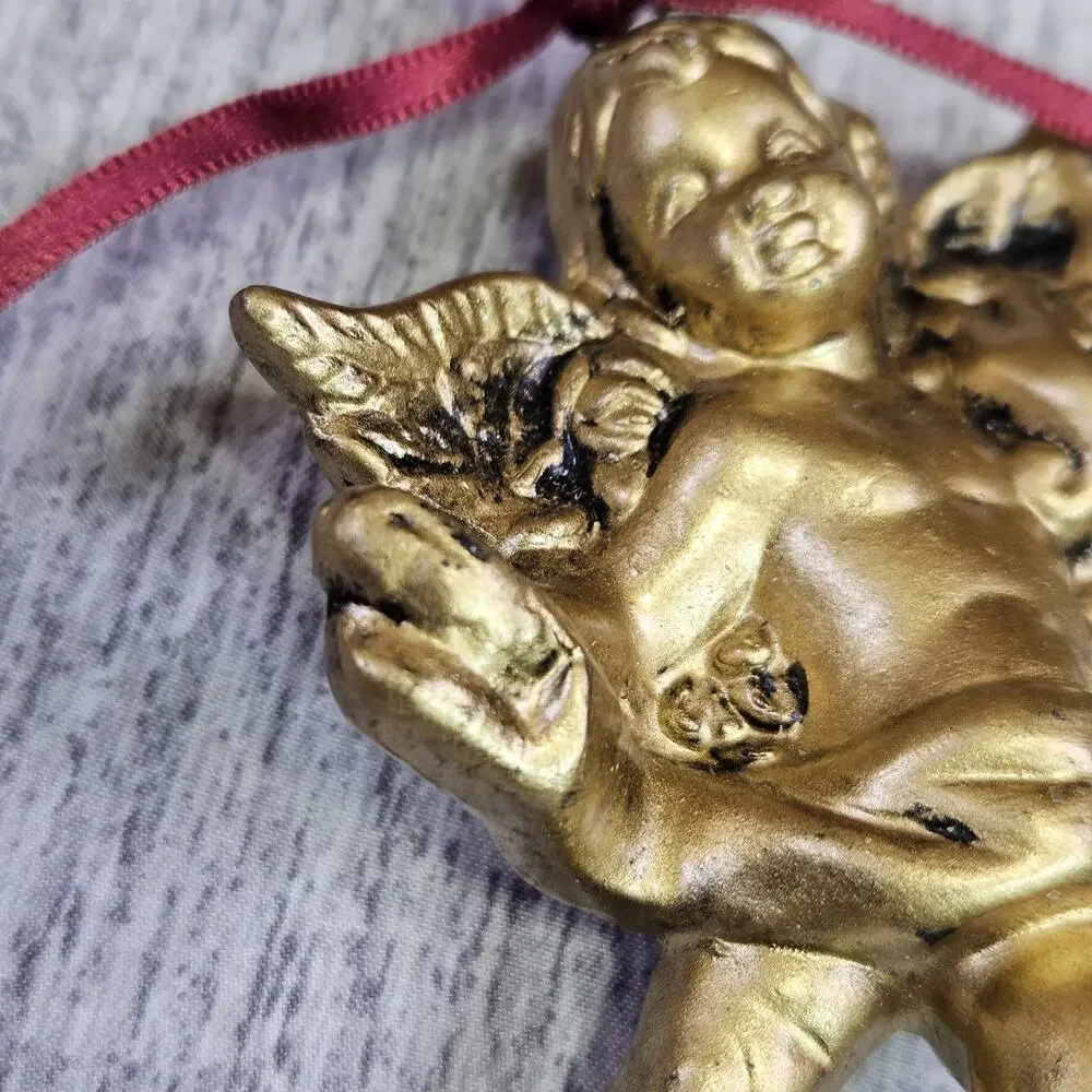 Vintage Christmas Ornament Angel Cherub Gold Finish Victorian Holiday Decoration